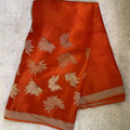 Orange Banarasi Satin Silk Saree With Golden And Silver Floral Weaved