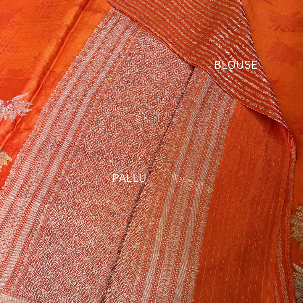 Orange Banarasi Satin Silk Saree With Golden And Silver Floral Weaved