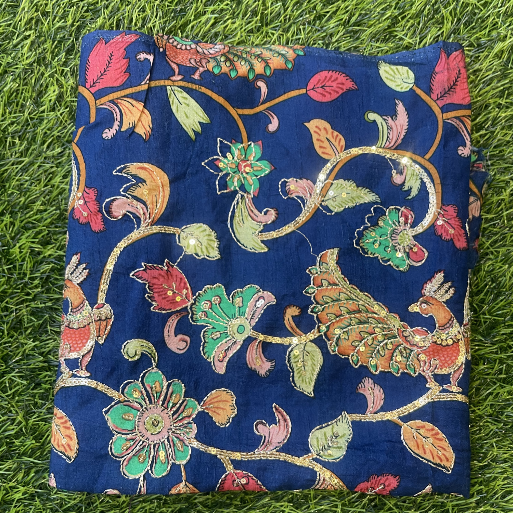 Navi Blue Kalamkari Pure Crape Blouse Material 1 Meter