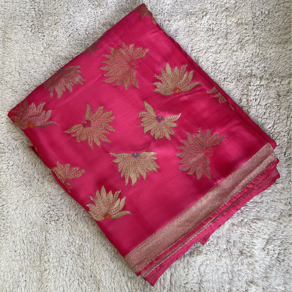 Rani Pink Banarasi Satin Silk Saree With Golden And Silver Floral Weaved