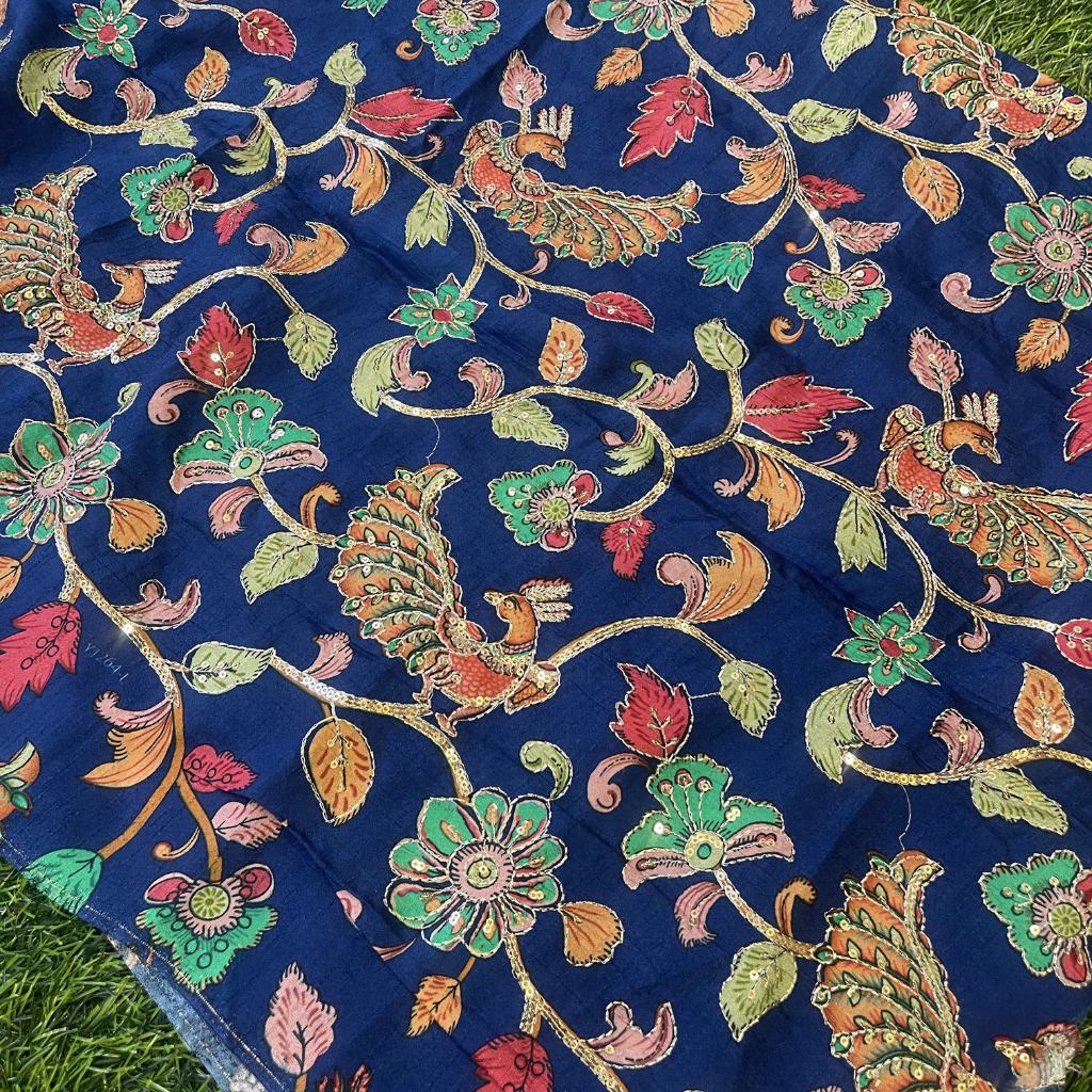 Navi Blue Kalamkari Pure Crape Blouse Material 1 Meter