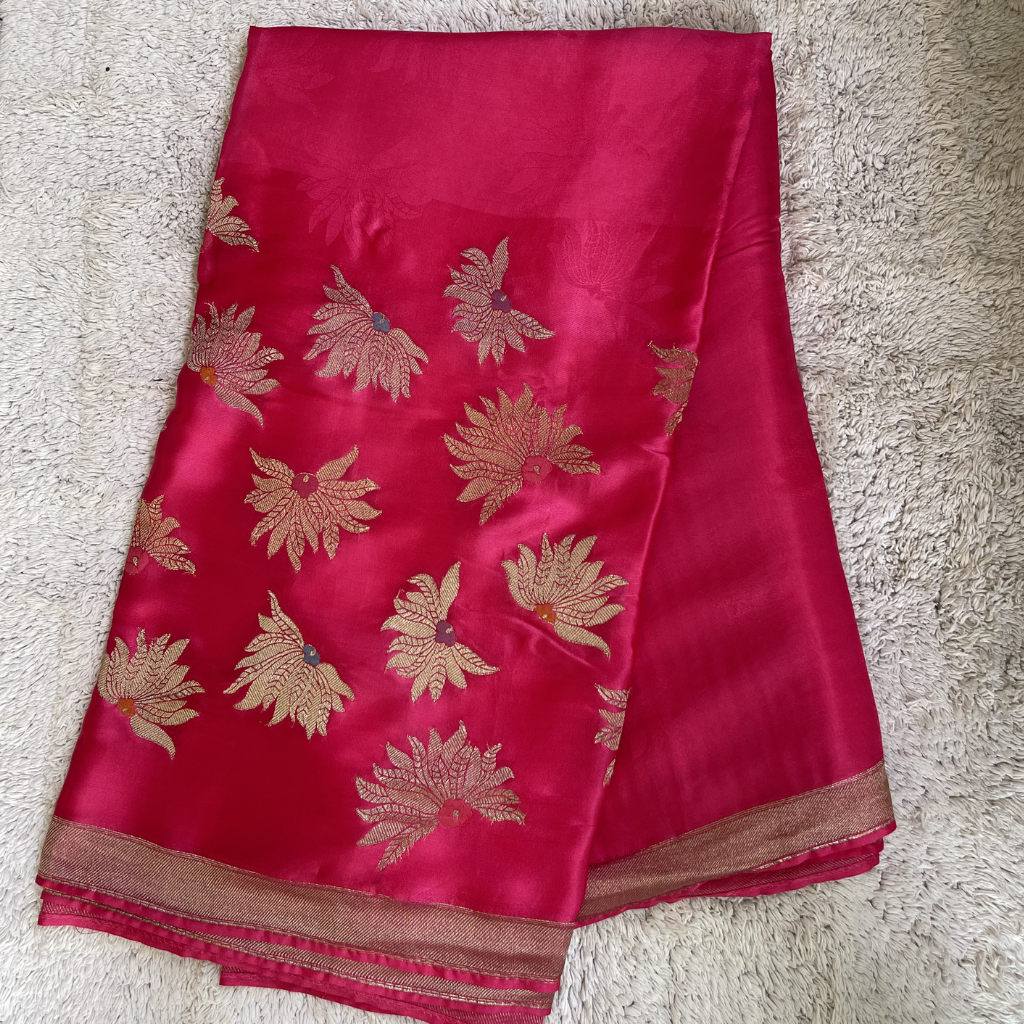 Rani Pink Banarasi Satin Silk Saree With Golden And Silver Floral Weaved