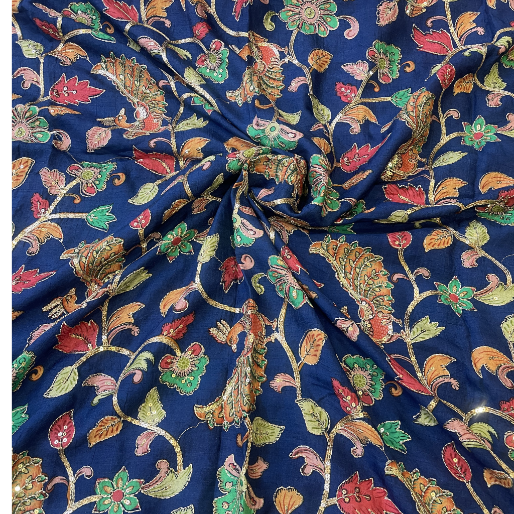 Navi Blue Kalamkari Pure Crape Blouse Material 1 Meter