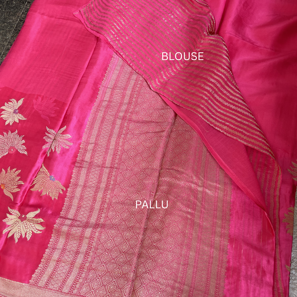 Rani Pink Banarasi Satin Silk Saree With Golden And Silver Floral Weaved