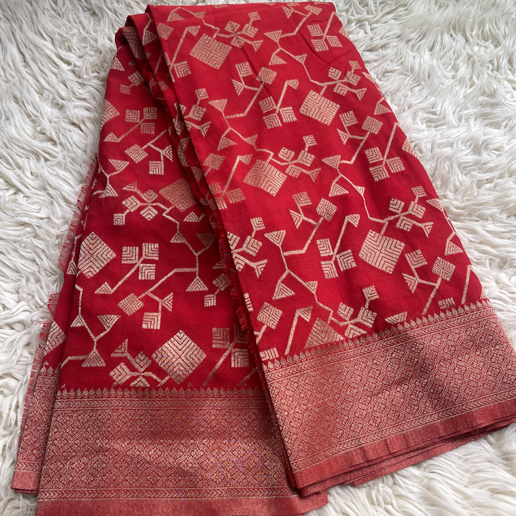 Red Banarasi Georget Saree In Golden Zari weaved Geometrical Design