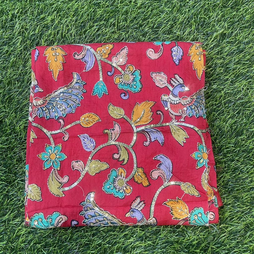 Red Kalamkari Pure Crape Blouse Material 1 Meter
