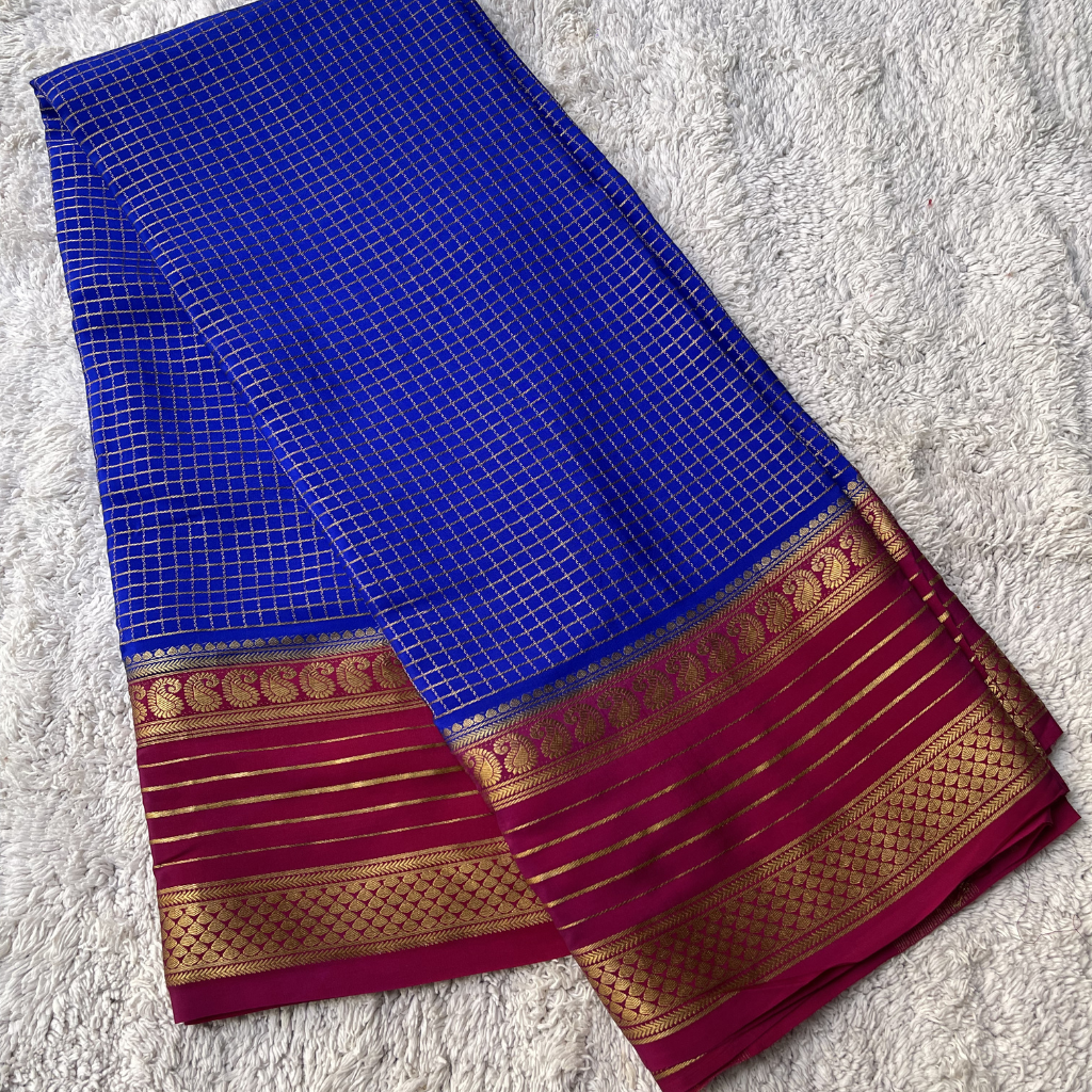 Pure Crape Mysore Silk Saree With Mango Bentex Checks Pattern 4