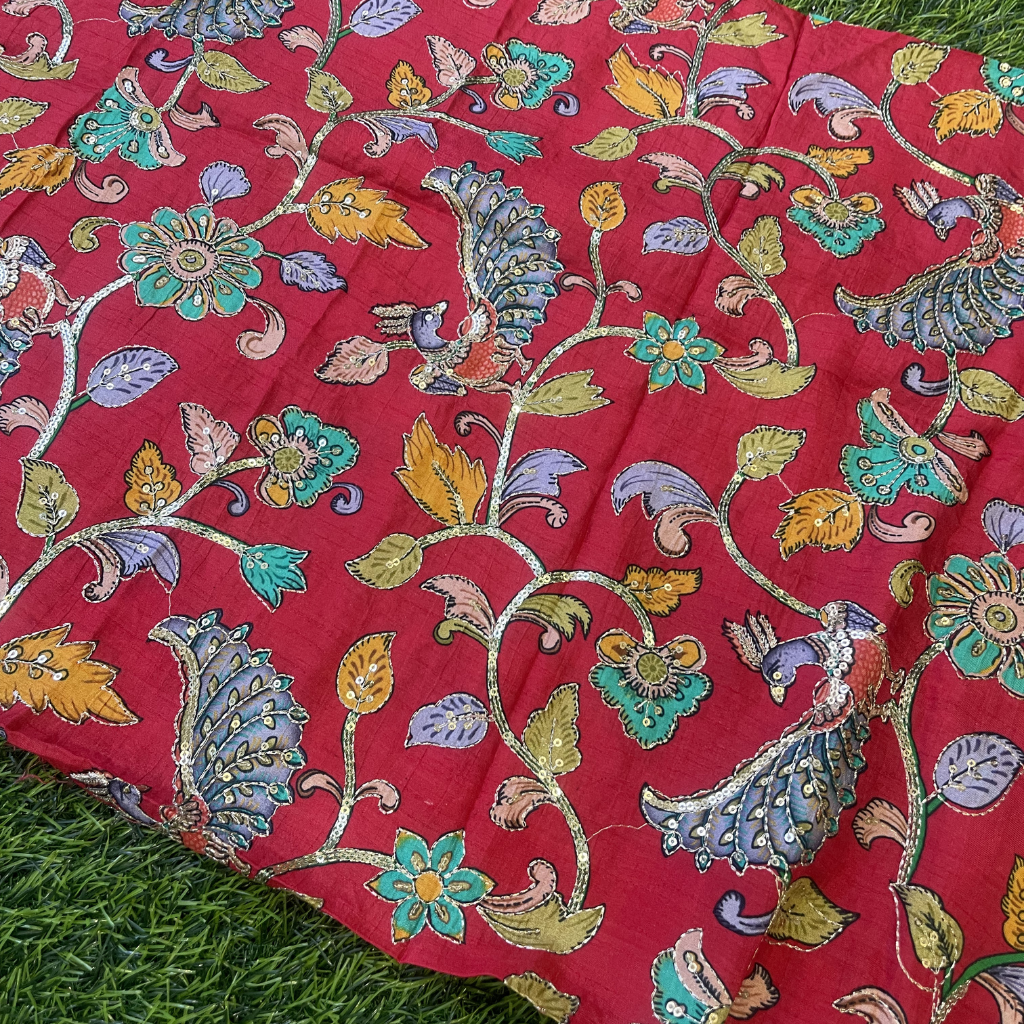 Red Kalamkari Pure Crape Blouse Material 1 Meter