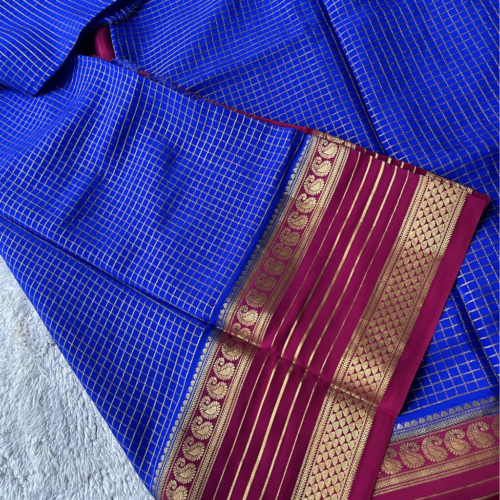 Pure Crape Mysore Silk Saree With Mango Bentex Checks Pattern 4
