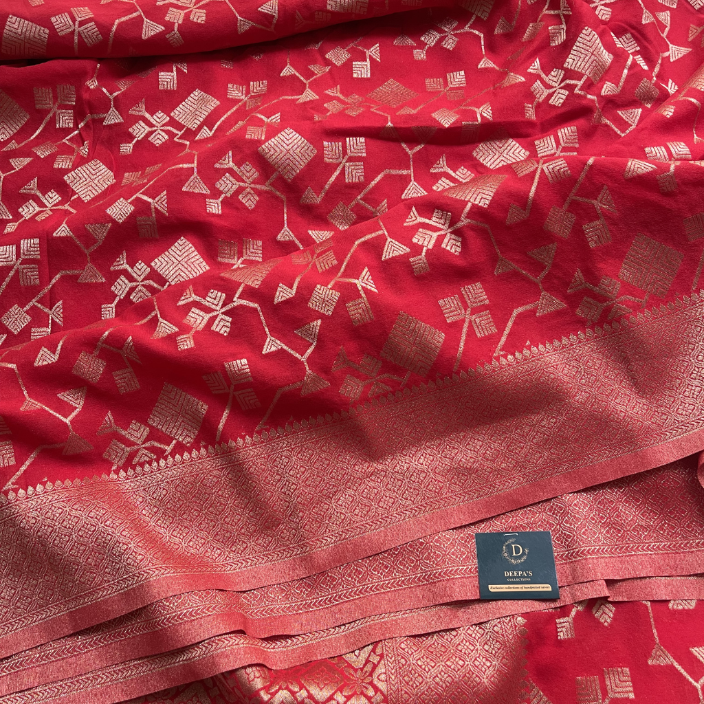 Red Banarasi Georget Saree In Golden Zari weaved Geometrical Design