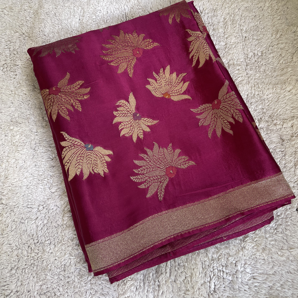 Magenta Banarasi Satin Silk Saree With Golden And Silver Floral Weaved