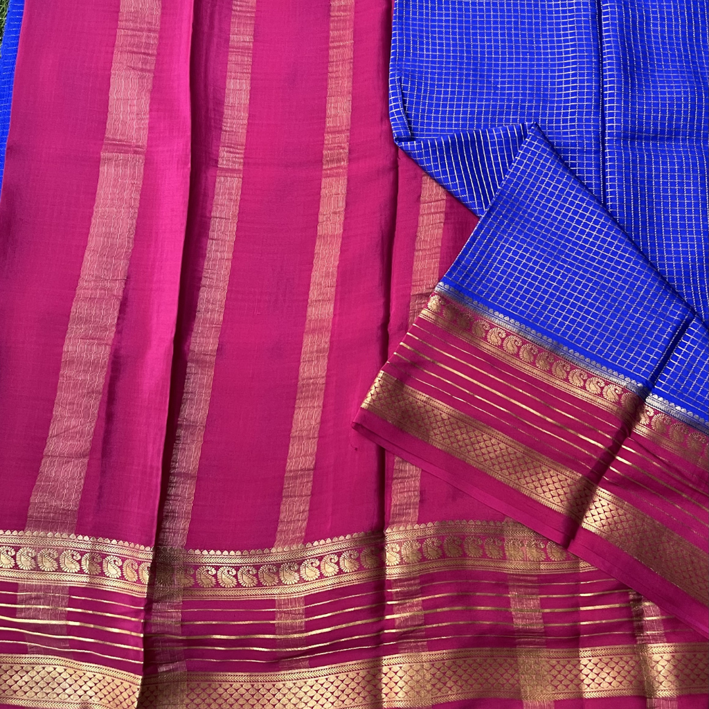 Pure Crape Mysore Silk Saree With Mango Bentex Checks Pattern 4