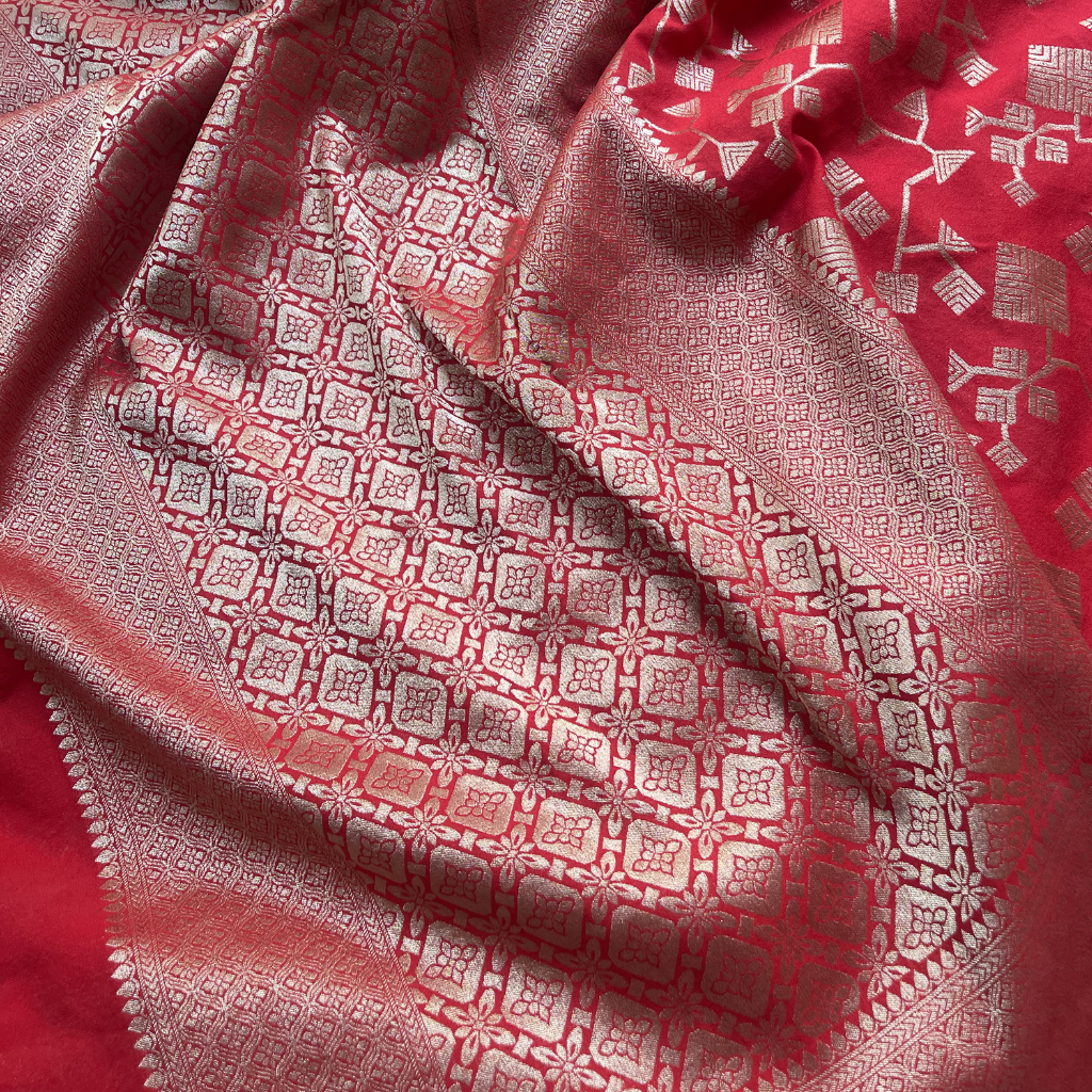 Red Banarasi Georget Saree In Golden Zari weaved Geometrical Design