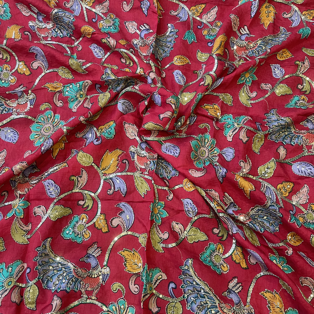 Red Kalamkari Pure Crape Blouse Material 1 Meter
