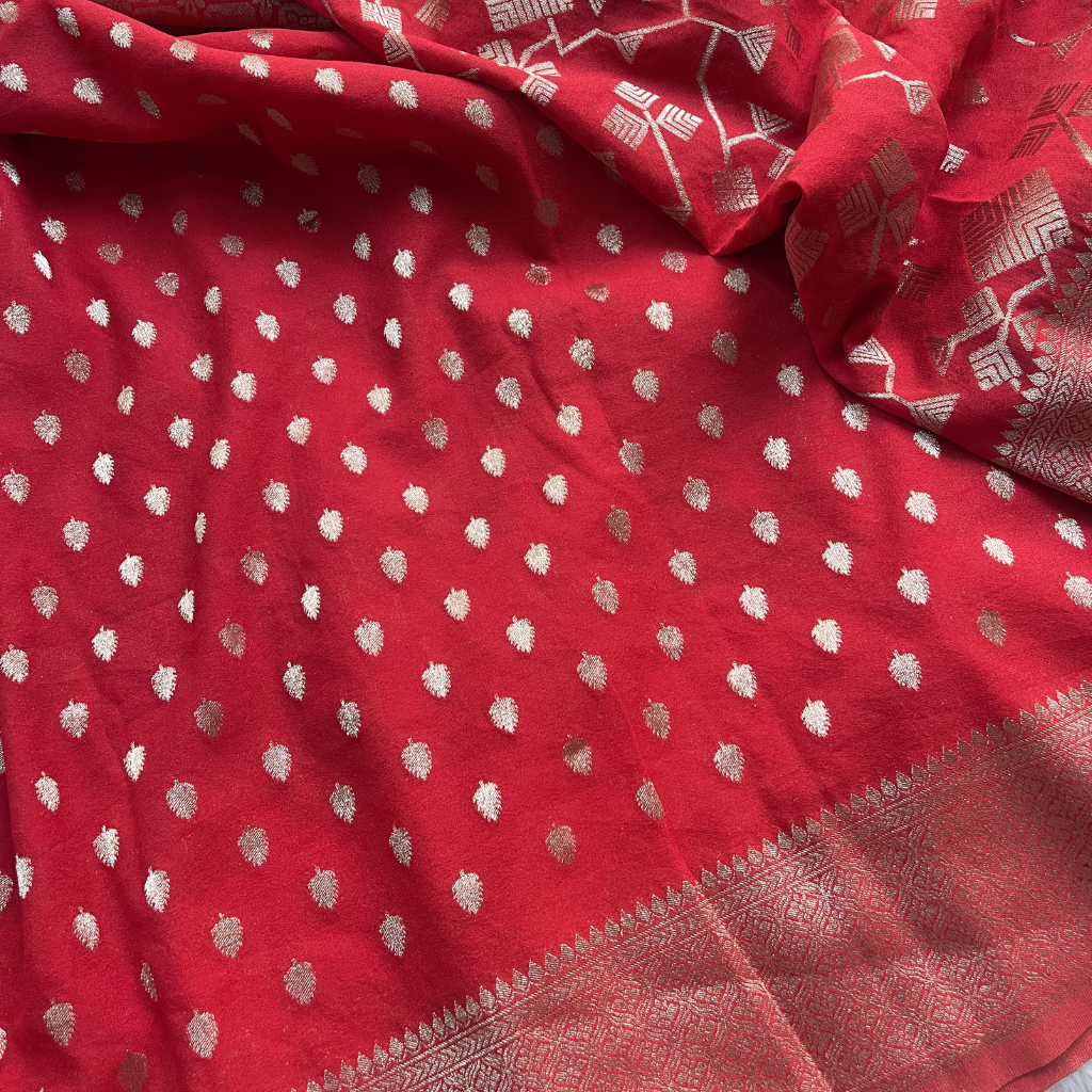 Red Banarasi Georget Saree In Golden Zari weaved Geometrical Design