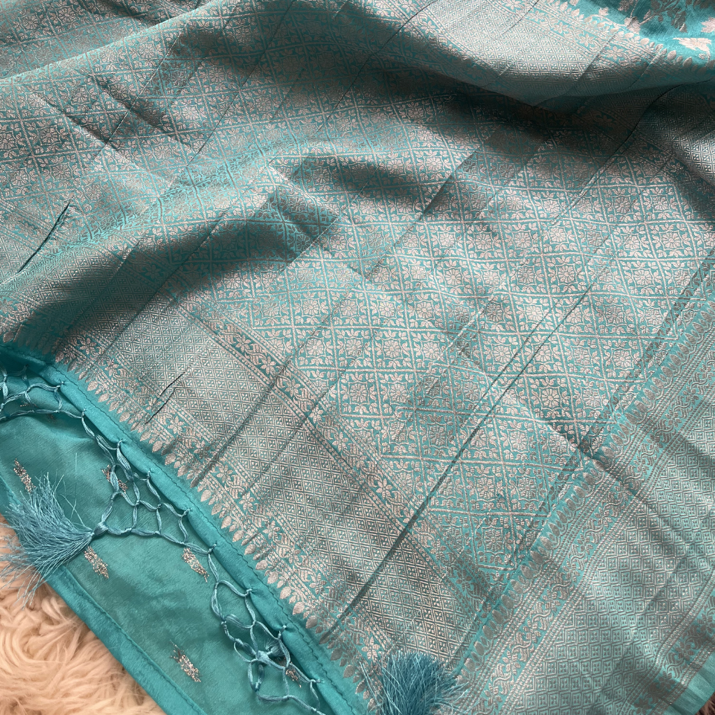 Sea Green Banarasi Georget In Floral Silver Zari Weaved