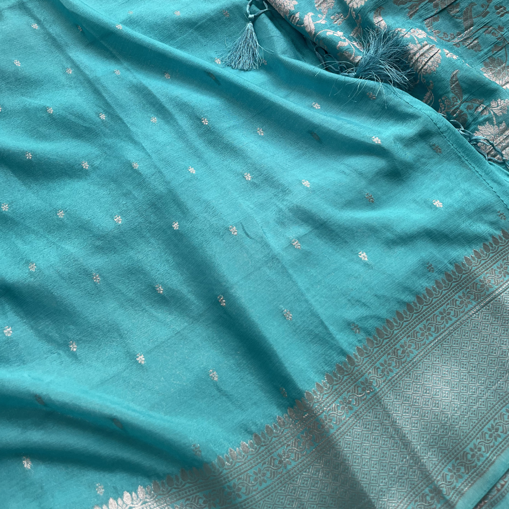 Sea Green Banarasi Georget In Floral Silver Zari Weaved