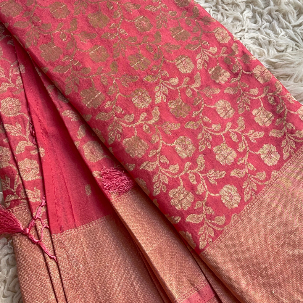 Peach Colour Floral Gloden Zari Banarsi Georget