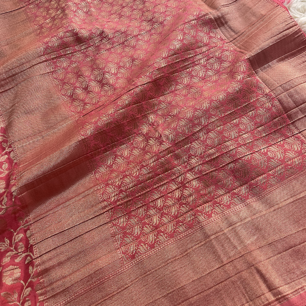 Peach Colour Floral Gloden Zari Banarsi Georget