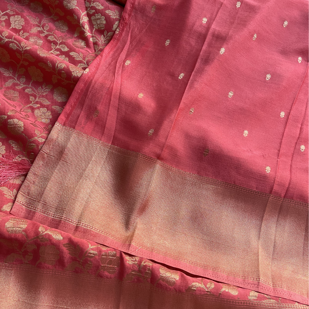 Peach Colour Floral Gloden Zari Banarsi Georget
