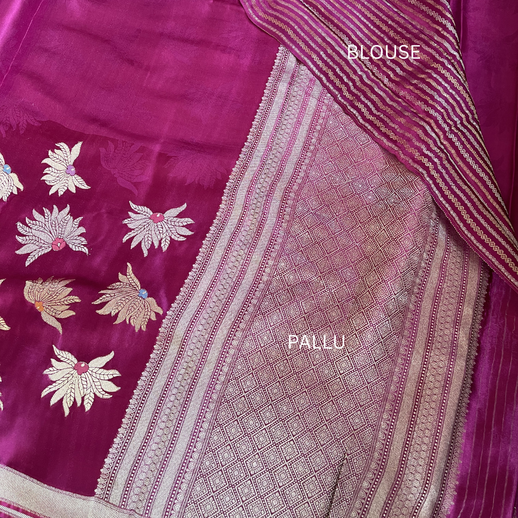 Magenta Banarasi Satin Silk Saree With Golden And Silver Floral Weaved