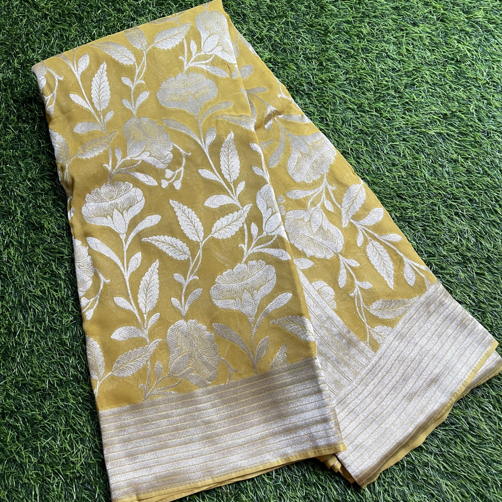 Georget Mustard Yellow With Floral Silver Zari Weaved Saree