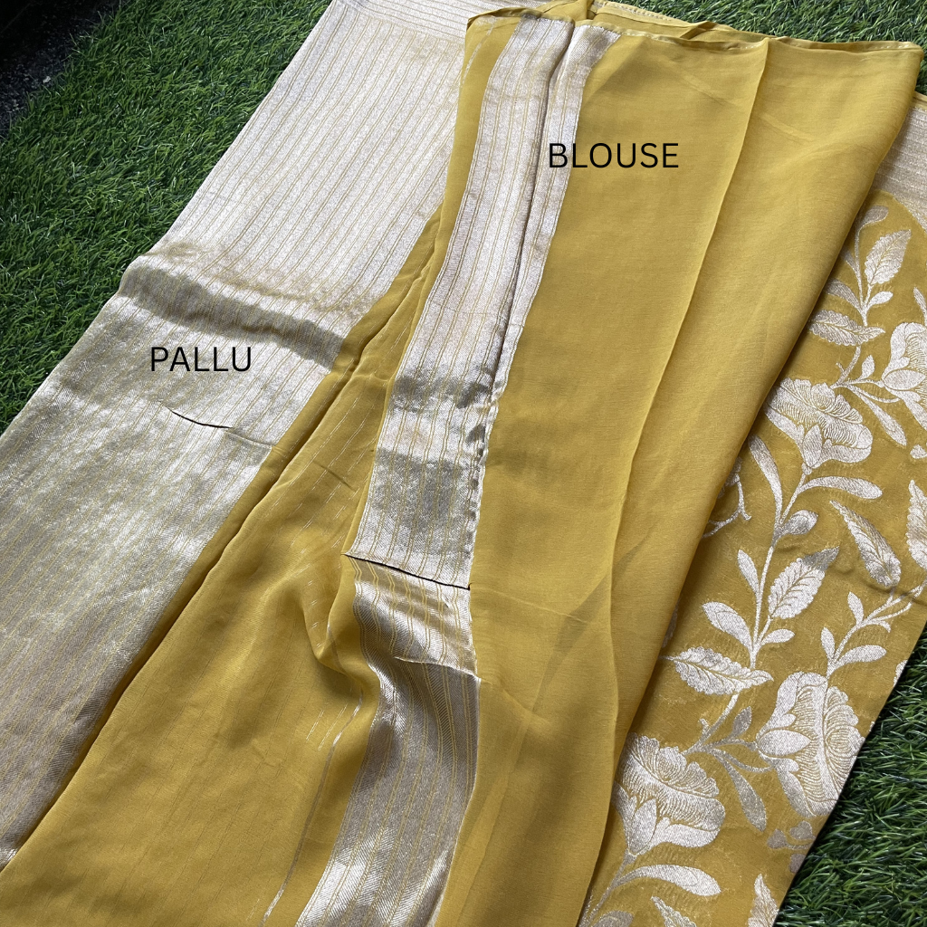 Georget Mustard Yellow With Floral Silver Zari Weaved Saree