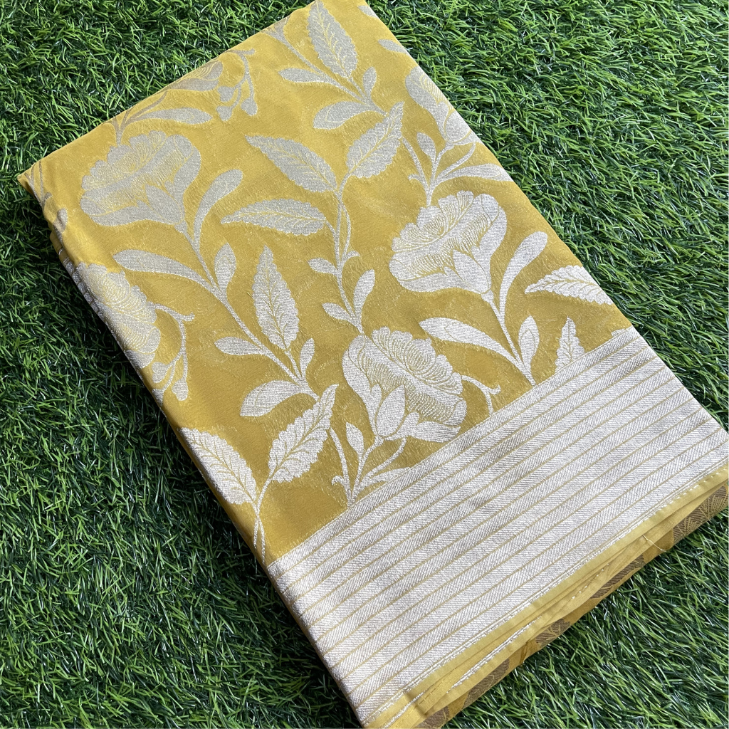 Georget Mustard Yellow With Floral Silver Zari Weaved Saree