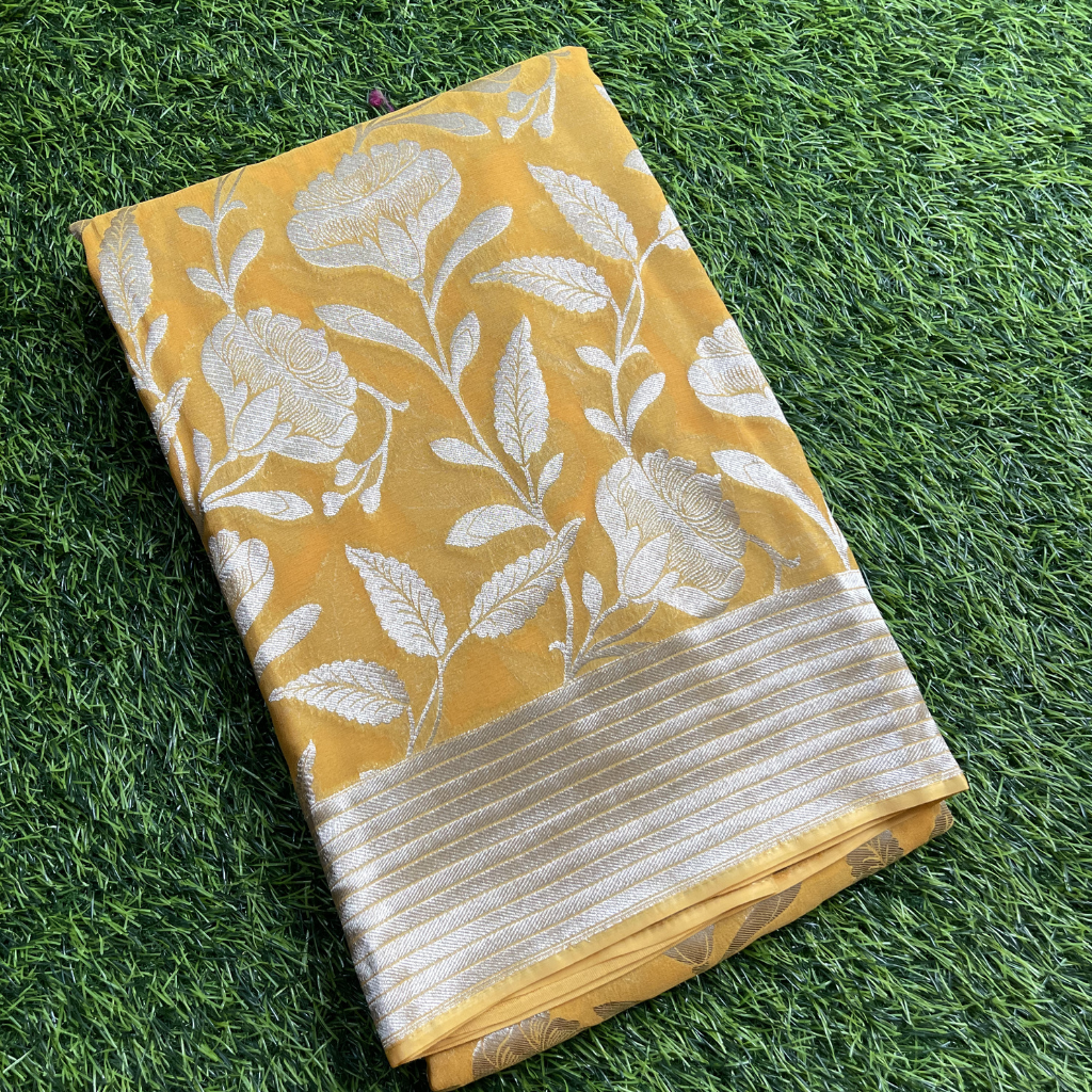 Georget Mango Yellow With Floral Silver Zari Weaved Saree
