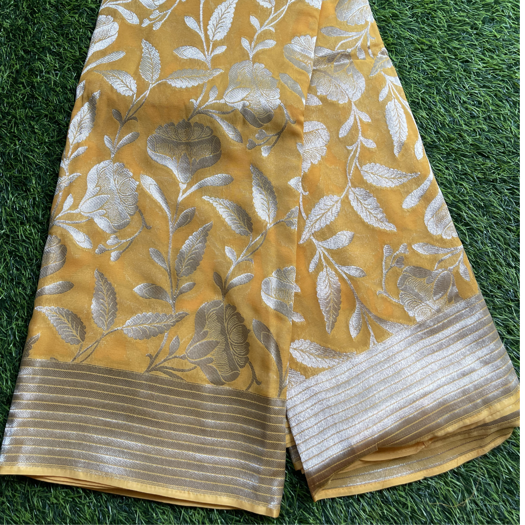 Georget Mango Yellow With Floral Silver Zari Weaved Saree