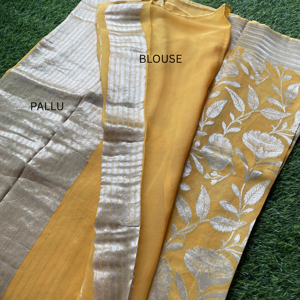 Georget Mango Yellow With Floral Silver Zari Weaved Saree