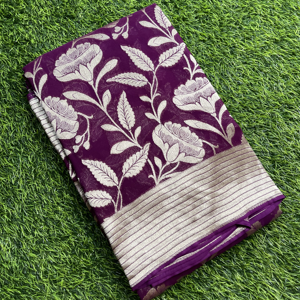 Georget Purple Colour With Floral Silver Zari Weaved Saree