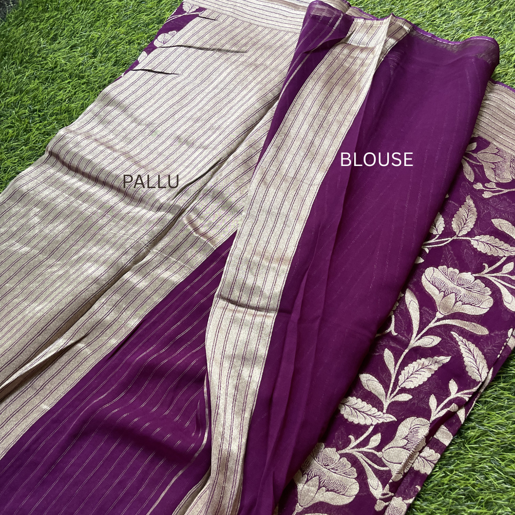 Georget Purple Colour With Floral Silver Zari Weaved Saree