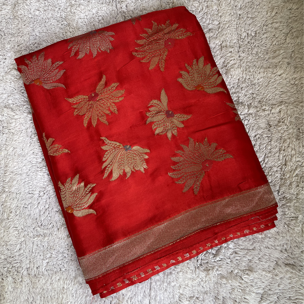 Red Banarasi Satin Silk Saree With Golden And Silver Floral Weaved