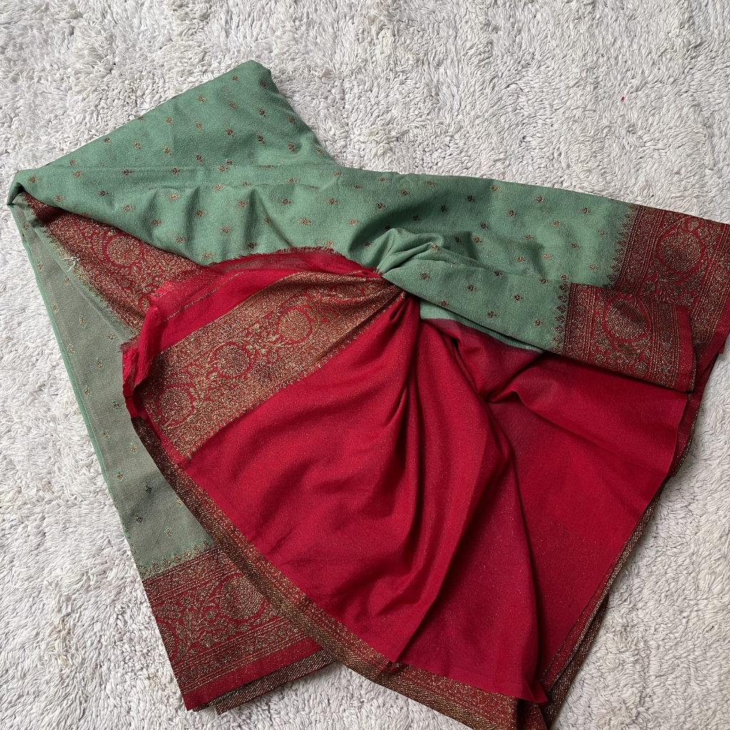 Crape Butta Banarasi Geogrt Seagreen With Red Contrast Colour Saree