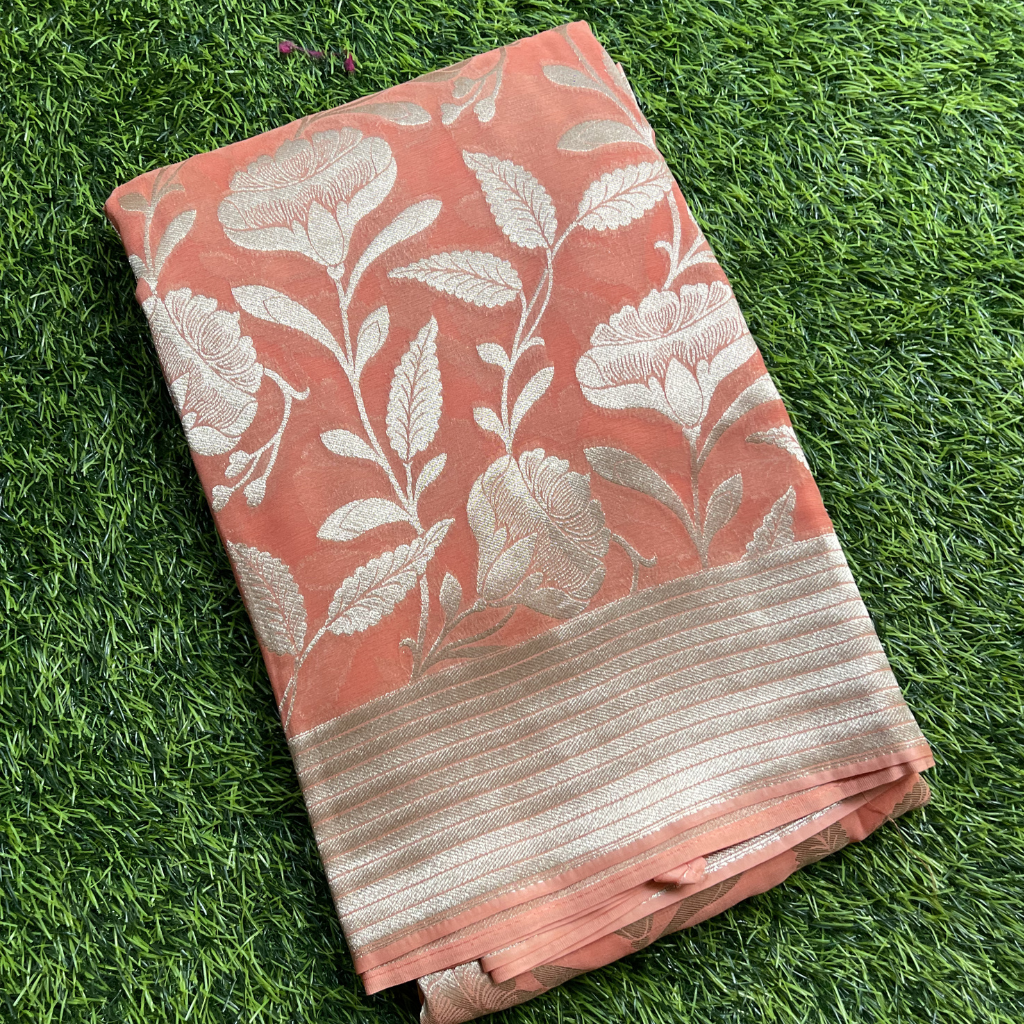 Georget Peach Colour With Floral Silver Zari Weaved Saree