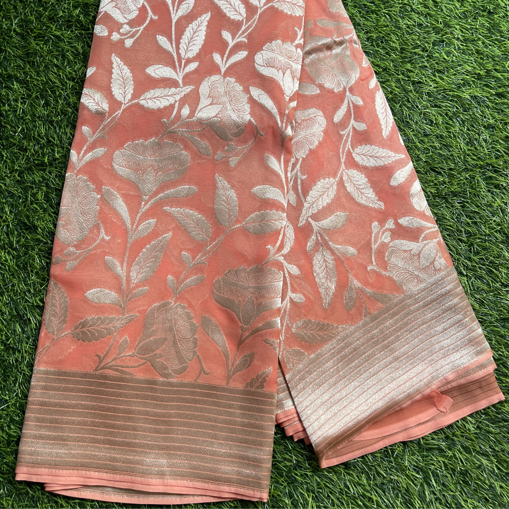 Georget Peach Colour With Floral Silver Zari Weaved Saree