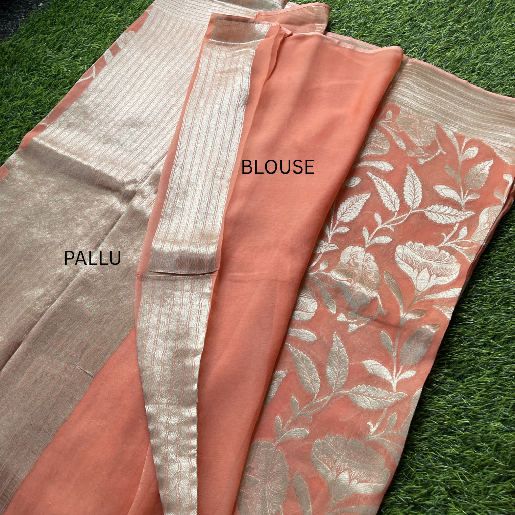 Georget Peach Colour With Floral Silver Zari Weaved Saree