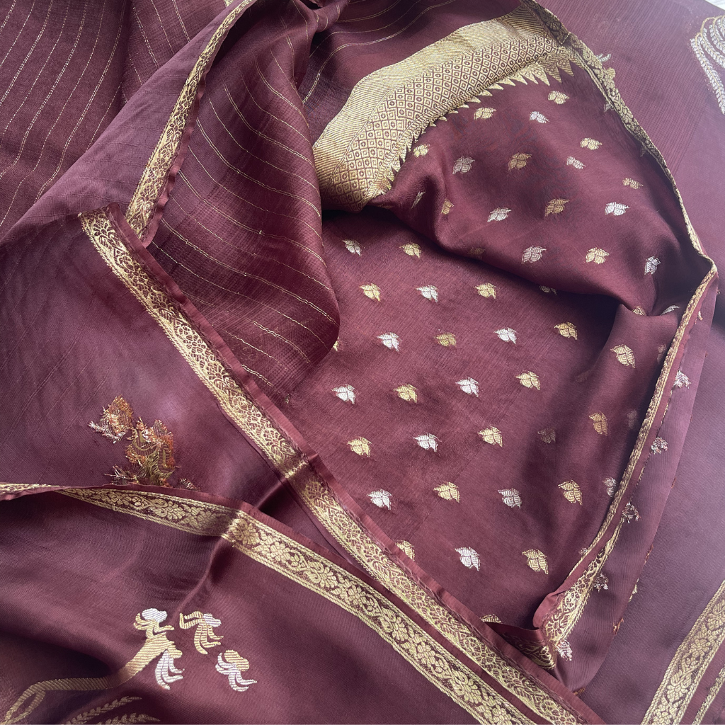 Manipuri Brown Saree With Gold Embroidery