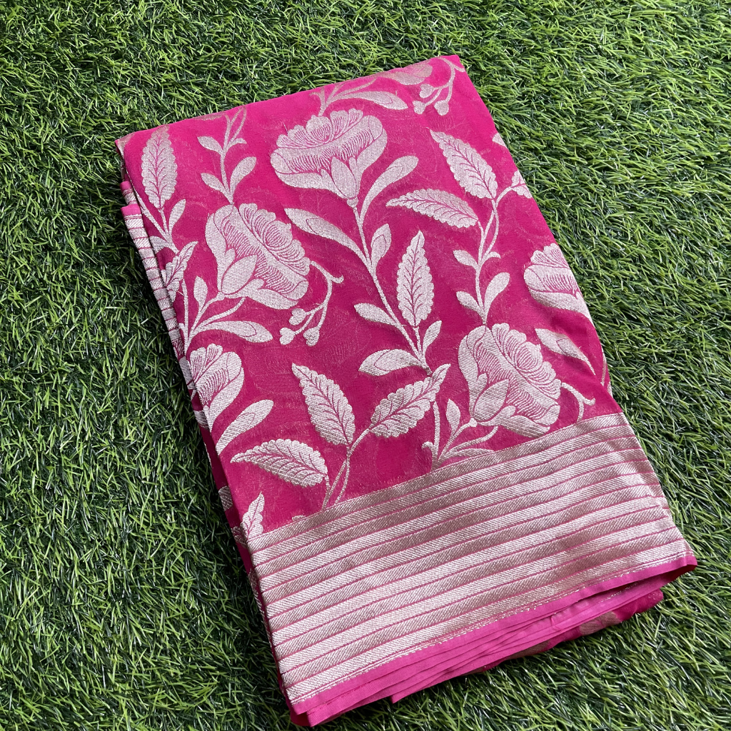 Georget Pink Colour With Floral Silver Zari Weaved Saree