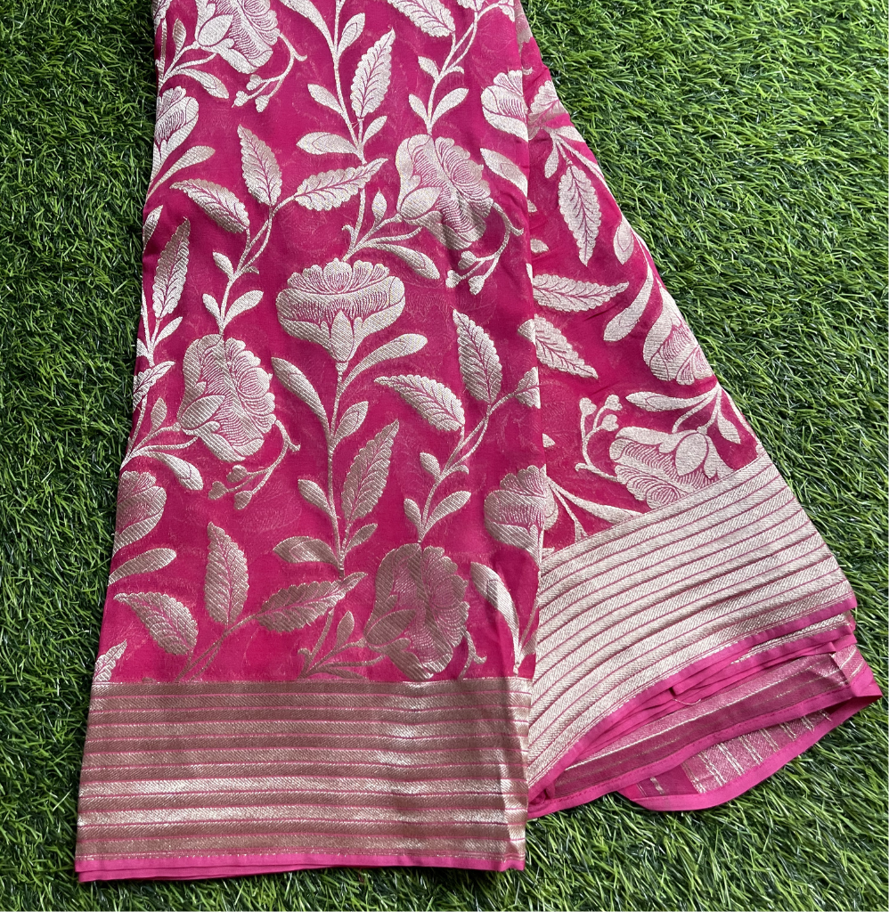 Georget Pink Colour With Floral Silver Zari Weaved Saree