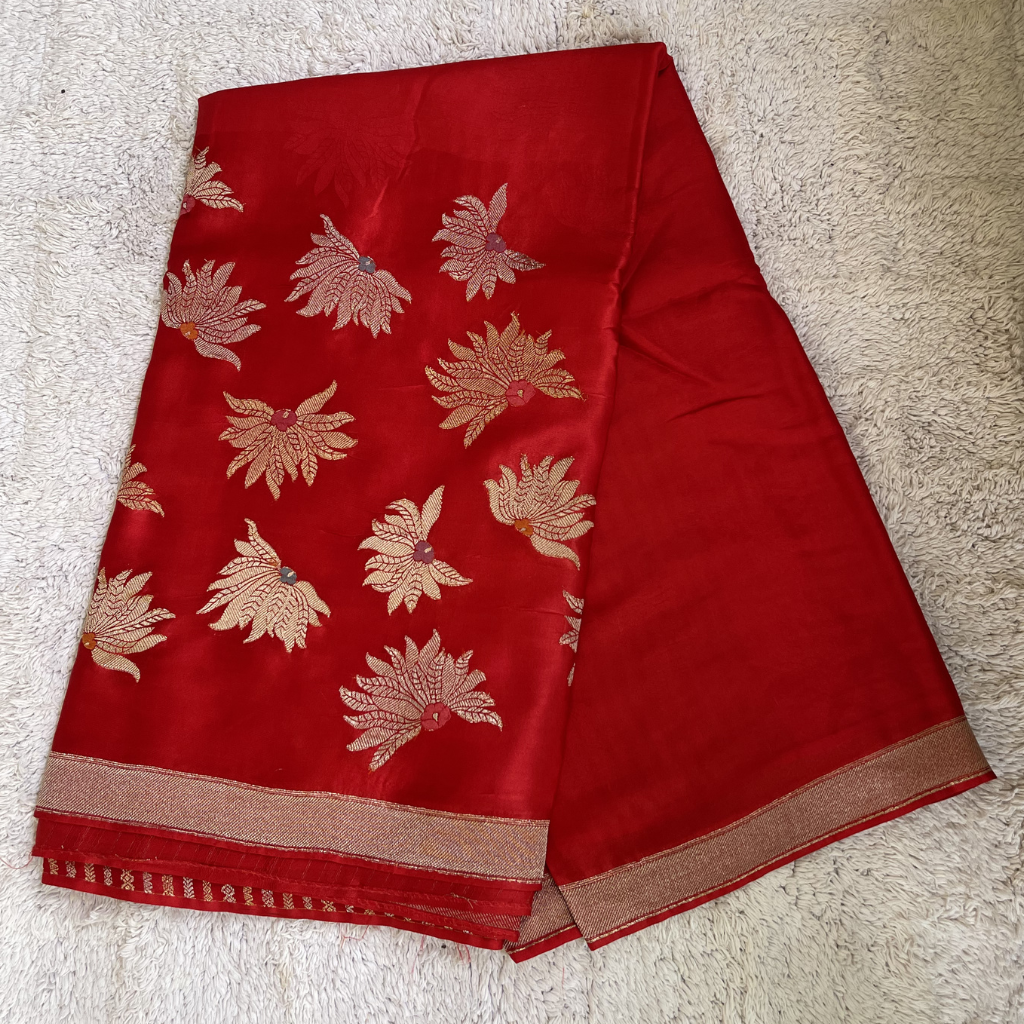 Red Banarasi Satin Silk Saree With Golden And Silver Floral Weaved
