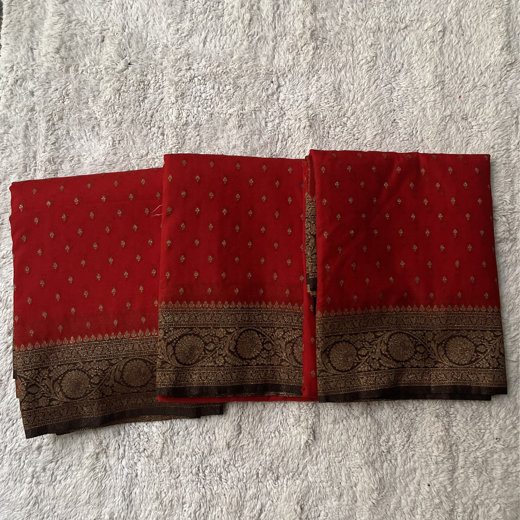 Crape Butta Banarasi Georget Red With Brown Contrast Colour Saree
