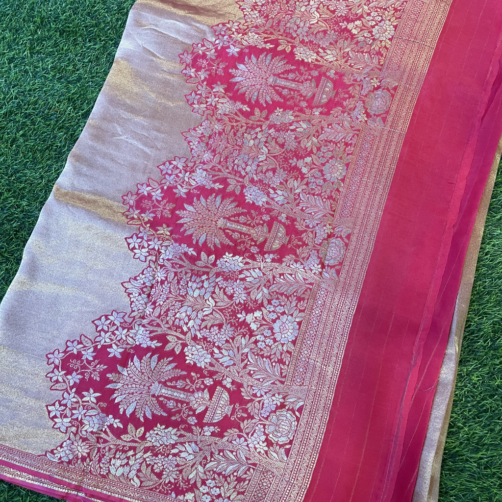 Golden Tissue Saree In Pink Colour With Rich Pallu