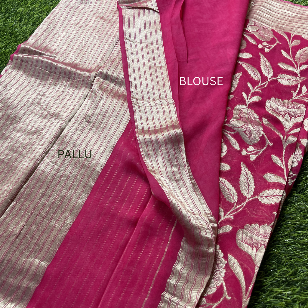 Georget Pink Colour With Floral Silver Zari Weaved Saree