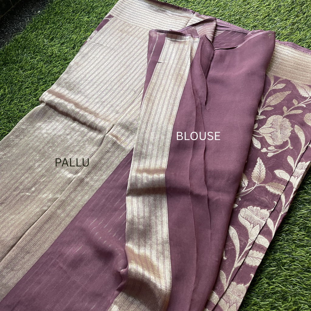Georget Lylac Colour With Floral Silver Zari Weaved Saree