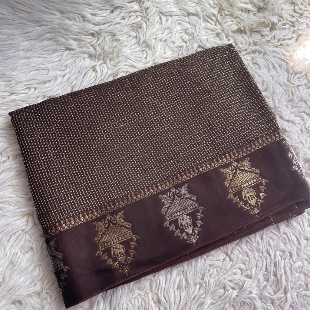 Gandaberunda Brown Dola Silk Saree In Small Checks Pattern