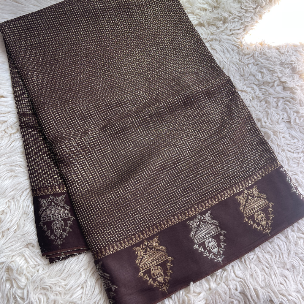 Gandaberunda Brown Dola Silk Saree In Small Checks Pattern