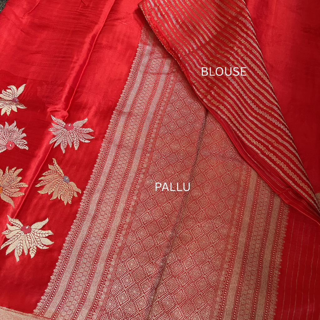Red Banarasi Satin Silk Saree With Golden And Silver Floral Weaved
