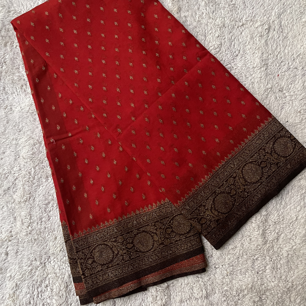 Crape Butta Banarasi Georget Red With Brown Contrast Colour Saree